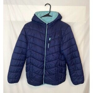 Eddie Bauer Jacket Blue Puffer Coat Fleece Lined Reversible Kids Size L 14/16